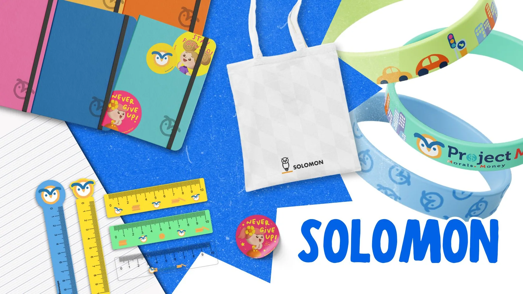 Solomon Learning merchandise: notebooks, rulers, lanyards and tote bag