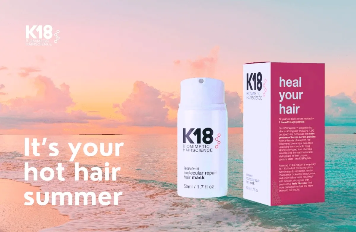 K18 hair mask on a beach at sunset: “It’s your hot hair summer”